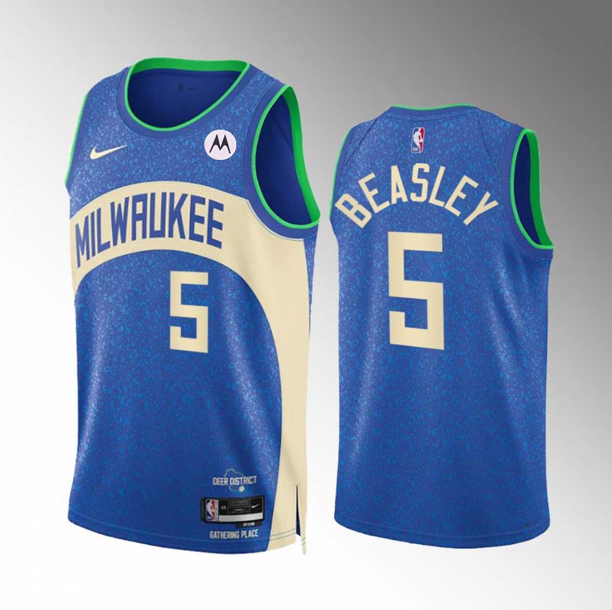 Men%27s Milwaukee Bucks #5 Malik Beasley Blue 2023-24 City Edition Stitched Basketball Jersey Dzhi